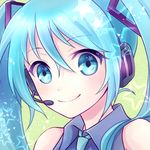  aqua_eyes aqua_hair face hatsune_miku headset lowres necktie rie_(ooorie) smile solo star twintails upper_body vocaloid 