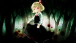  bad_id bad_pixiv_id blonde_hair bow dress dress_lift forest frills hair_bow highres looking_at_viewer nature red_eyes rumia solo touhou tree yuubari_makuwa 