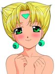  1girl 90s blush earrings facial_mark forehead_mark green_eyes jewelry karinka_(koutetsu_tenshi_kurumi) koutetsu_tenshi_kurumi lowres nude simple_background smile solo 