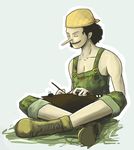  1boy bandanna black_hair drawing indian_style male male_focus one_piece overalls sitting solo usopp 