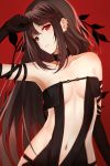  1girl absurdres bare_shoulders black_choker black_gloves breasts brown_hair choker collarbone commentary_request consort_yu_(fate) fate/grand_order fate_(series) gloves highres long_hair medium_breasts navel red_background red_eyes rko_(a470350510) simple_background solo 