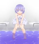  :o akirame barefoot blush dress highres original pool poolside purple_eyes purple_hair short_hair sitting soaking_feet solo v_arms water white_dress 