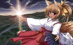  animal_ears bad_id bad_pixiv_id blush brown_hair fox_ears fox_tail highres japanese_clothes lens_flare long_hair looking_at_viewer miko open_mouth original outdoors shira-nyoro smile solo tail 