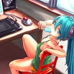  aqua_eyes aqua_hair arm_support barefoot breasts chair covered_nipples desk downblouse eating feet_on_chair food from_above from_behind gogatsu_no_renkyuu hatsune_miku headphones highres indoors knee_up long_hair looking_up popsicle shorts sitting small_breasts solo tablet tank_top tattoo trackball vocaloid window 