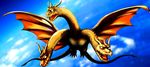  cloud clouds dragon flying godzilla_(series) hi_res horn kaiju king_ghidorah multi_head multiple_tails pirochi scalie sky white_eyes wings yellow_scales 