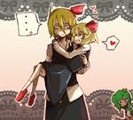  3girls ahoge blonde_hair bow carrying cat-ma dress frog_hair_ornament green_eyes green_hair hair_bow hair_ornament heart kochiya_sanae long_hair multiple_girls older princess_carry red_eyes rumia smile touhou 