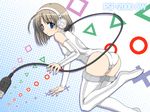  ahoge bad_id bad_pixiv_id blue_eyes cable detached_sleeves handheld_game_console headphones looking_at_viewer looking_back personification playstation_portable shira-nyoro short_hair solo sony thighhighs usb 