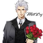  archer bad_id bad_pixiv_id bouquet brown_eyes fate/stay_night fate_(series) flower houndstooth male_focus mitsuki_mitsuno red_flower red_rose rose solo white_day white_hair 