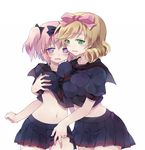  2girls alternate_costume bad_id bad_pixiv_id black_serafuku blonde_hair blue_eyes blush bow bra breast_grab breast_press breasts collarbone curly_hair grabbing green_eyes groping hair_bow haruka_(senran_kagura) hibari_(senran_kagura) kotoko_(oxxxo) large_breasts looking_down midriff multiple_girls navel open_mouth pleated_skirt polka_dot polka_dot_bra school_uniform senran_kagura senran_kagura_shoujo-tachi_no_shin'ei serafuku shirt_lift short_twintails simple_background skirt skirt_lift twintails unaligned_breasts underwear wavy_mouth white_background yuri 