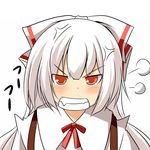  :d anger_vein angry be_(o-hoho) blush bow clenched_teeth fujiwara_no_mokou fume hair_bow hair_ribbon long_hair looking_at_viewer open_mouth rectangular_mouth ribbon simple_background smile teeth touhou v-shaped_eyebrows very_long_hair white_background white_bow 