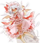  ascot bat_wings blue_hair blush crying crying_with_eyes_open hat hat_ribbon looking_at_viewer lying maru_usagi ominous_shadow on_back peeing peeing_self puffy_sleeves red_eyes remilia_scarlet ribbon sash shadow shirt short_sleeves skirt skirt_set solo tears touhou wings wrist_cuffs 