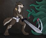  anthro briefs bulge canine fur male mammal solo sword tentacles toned topless tyins_darkwulf underwear weapon wolf 