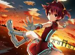  backlighting bike_shorts brown_hair cloud gloves hat isshiki_akane long_hair outstretched_arms palette_suit red_eyes sky spread_arms sunset twintails vividred_operation yuukyuu_ponzu 