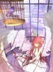  bird birdcage cage chain collar dress flower hair_over_one_eye highres hitoshi long_hair original pink_hair sitting solo wings yellow_eyes 