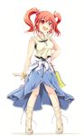  alternate_costume bag bare_arms bracelet chemise clothes_around_waist hair_bobbles hair_ornament hand_on_hip highres ichirino_minagi jewelry necklace onozuka_komachi open_mouth red_eyes red_hair shirt shirt_around_waist simple_background skirt smile solo standing tank_top touhou two_side_up white_background 