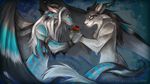  abstract_background armlet black_hair blue_eyes body_markings charr couple dragon ear_piercing fangs feathers feline female flat_chested flower grey_hair guild_wars hair hand_holding horn long_hair male mammal markings piercing rose smile velociawesome video_games wings 