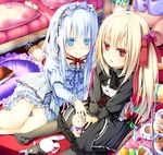 black_legwear blonde_hair blue_eyes blue_hair book bow cake child couch cup cushion dress food gothic_lolita hair_ribbon hairband highres lolita_fashion lolita_hairband long_hair macaron multiple_girls no_shoes open_book original pantyhose peragura red_eyes ribbon sitting smile stuffed_animal stuffed_bunny stuffed_pig stuffed_toy tea teacup tiered_tray twintails 