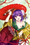  arm_support arm_up bare_shoulders blush breasts brush collarbone fingernails flower hair_flower hair_ornament hieda_no_akyuu hoozuki_shia japanese_clothes kimono nipple_slip nipples no_bra obi off_shoulder open_mouth oriental_umbrella purple_eyes purple_hair sash short_hair small_breasts solo touhou umbrella 