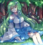  anthiea bad_id bad_pixiv_id blush breasts detached_sleeves forest frog_hair_ornament green_hair hair_ornament hair_tubes kochiya_sanae large_breasts long_hair nature open_mouth rock sitting smile snake_hair_ornament solo touhou water yellow_eyes 
