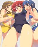  bikini blue_bikini blue_eyes blue_hair brown_eyes brown_hair cameltoe from_below futaba_aoi_(vividred_operation) hairband highres isshiki_akane kanamex long_hair multiple_girls one-piece_swimsuit red_eyes red_hair school_swimsuit shinomiya_himawari short_hair swimsuit twintails vividred_operation yellow_bikini 