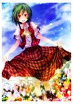  ascot bad_id bad_pixiv_id blue_sky checkered checkered_skirt cloud curtsey day field flower flower_field green_hair highres kazami_yuuka looking_at_viewer open_clothes open_mouth open_vest red_eyes s-syogo shirt skirt sky smile solo touhou vest 