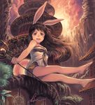  animal_ears barefoot brown_eyes brown_hair bunny_ears copyright_request legs long_hair scepter sitting sky smile solo tail verin 