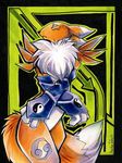  abstract_background ambiguous_gender canine chest_tuft claws digimon elbow_gloves facial_markings fox fur gloves green_eyes looking_at_viewer maitre_joker mammal mane markings renamon tuft 