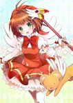  brown_hair cardcaptor_sakura dress fuuin_no_tsue gloves green_eyes hat kero kinomoto_sakura magical_girl nekosugi_(hoshi) pink_hat short_hair thighhighs wand white_gloves wings 