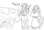  1boy 1girl animal_ears apron blush boots breast_expansion breasts comic cow cow_ears cow_girl cow_horns cow_tail greyscale hat horns huge_breasts instrument lineart link long_hair malon master_sword matsu-sensei monochrome musical_note neckerchief ocarina older over_shoulder pointy_ears skirt sword sword_over_shoulder tail the_legend_of_zelda the_legend_of_zelda:_ocarina_of_time transformation tunic udder waist_apron weapon weapon_over_shoulder wince 