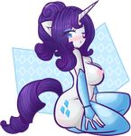  2013 alpha_channel anthro anthrofied arm_warmers blue_eyes blush breasts cutie_mark equine eyeshadow female friendship_is_magic fur gijinka gijinkafied horn kneeling makeup mammal my_little_pony nipples one_eye_closed rarity rarity_(mlp) solo tehbuttercookie thigh_socks unicorn white_fur wink 