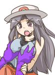  blue_(pokemon) blush breast_grab breasts grabbing hands hat large_breasts long_hair pokemon pokemon_(game) porkpie_hat purple_eyes seki_(red_shine) silver_hair skirt solo_focus sweatdrop 
