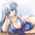  adapted_costume blue_hair breasts cleavage easily kamishirasawa_keine large_breasts long_hair lying one-piece_swimsuit silver_eyes silver_hair smile solo swimsuit touhou 