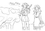  1boy 1girl apron blush boots breast_expansion breasts comic cow gameplay_mechanics greyscale hat instrument large_breasts lineart link long_hair malon master_sword matsu-sensei monochrome neckerchief ocarina older over_shoulder pointy_ears skirt surprised sword sword_over_shoulder the_legend_of_zelda the_legend_of_zelda:_ocarina_of_time transformation tunic udder waist_apron weapon weapon_over_shoulder 