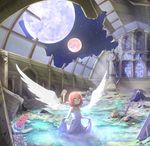  angel_wings blue_moon broken_window collar dress full_moon green_eyes highres hitoshi moon night night_sky original pink_hair planted_sword planted_weapon red_moon ruins short_hair skirt_hold sky solo stained_glass star_(sky) starry_sky statue sword tears wading water weapon window wings 