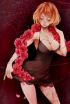  1girl akizuki_hakuto black_dress bob_cut breasts cleavage dress eyes_closed flower jewelry large_breasts necklace one_piece orange_hair rose short_hair silk solo spider_web standing stitches tattoo thriller_bark victoria_cindry 