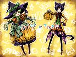  animal_ears bad_id bad_pixiv_id black_hair boots bubble_skirt c.c. cat_ears cat_tail code_geass dress green_hair hai_yoru halloween hat jack-o'-lantern lelouch_lamperouge multiple_girls orange_dress pumpkin purple_eyes ribbon skirt tail thighhighs trick_or_treat witch witch_hat yellow_background yellow_eyes 