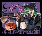  :d ahoge armpits boots breasts broom cleavage copyright_request elbow_gloves gloves green_hair halloween hat high_heels jack-o'-lantern medium_breasts open_mouth panties pantyshot pumpkin red_eyes shoes side-tie_panties smile solo striped striped_legwear thighhighs underwear witch yukiwo 