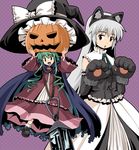  :d :o animal_ears arioch_(haniwa) cat_ears cat_paws character_request dress fake_animal_ears green_hair grey_hair halloween haniwa_(leaf_garden) hat jack-o'-lantern lantern long_hair maybell minigirl multiple_girls open_mouth original paws pumpkin pumpkin_hat smile touhou witch_hat 