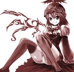  hat legs monochrome mystia_lorelei panties pantyshot pantyshot_(sitting) sepia short_hair sitting smile solo tamajam thighhighs thighs touhou underwear upskirt 