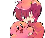  ahoge artist_request blue_eyes blush hair_ornament kirby kirby_(series) one_eye_closed personification pink_hair short_hair smile solo 