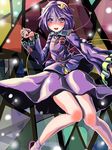  :d blush dress eyeball hairband heart kabutoyama knees_together_feet_apart komeiji_satori long_sleeves looking_at_viewer mosaic_background open_mouth purple_dress smile solo string third_eye touhou 