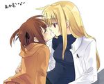  blonde_hair casual fate_testarossa kiss lowres lyrical_nanoha mahou_shoujo_lyrical_nanoha multiple_girls orange_shirt shirt takamachi_nanoha time_paradox yuri 