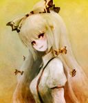  bangs bow fujiwara_no_mokou hair_bow head_tilt hime_cut katari long_hair profile red_eyes smile solo touhou upper_body white_hair 