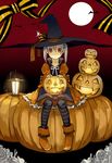  bad_id bad_pixiv_id bat black_legwear full_moon halloween hat jack-o'-lantern jan lantern moon orange_eyes original pointy_ears pumpkin red_background silver_hair solo striped striped_legwear thighhighs twintails witch_hat 