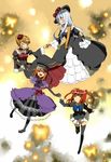  bad_id bad_pixiv_id beatrice blonde_hair bow bug butterfly closed_eyes dress eva_beatrice frills gown hair_bobbles hair_ornament hat hidari_(coletica) highres hime_cut holding_hands insect long_hair multiple_girls orange_hair pink_bow red_hair silver_hair smile thighhighs umineko_no_naku_koro_ni ushiromiya_ange virgilia zettai_ryouiki 