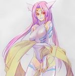  :d animal_ears bare_shoulders blush breasts bridal_gauntlets covered_nipples cowboy_shot crossed_arms facial_mark forehead_mark fox_ears halterneck highleg highleg_leotard houshin_engi large_breasts lavender_hair leotard long_hair looking_at_viewer open_mouth red_eyes shawl simple_background sketch smile so_dakki solo thighhighs tom_(noma84) turtleneck twintails unaligned_breasts very_long_hair white_background white_legwear 
