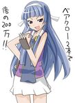  bad_id bad_pixiv_id bangs blue_hair blunt_bangs clenched_hand hair_tubes hottan! kannagi long_hair nagi pleated_skirt skirt solo translated white_skirt 