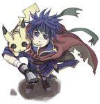  artist_request black_eyes blue_eyes blue_hair cape fire_emblem fire_emblem:_souen_no_kiseki gen_1_pokemon gloves headband ike male_focus pikachu pokemon pokemon_(creature) super_smash_bros. tail 