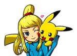  :3 :d ;) animal aqua_eyes artist_request blonde_hair blush blush_stickers bodysuit breasts carrying crossover eye_contact gen_1_pokemon gloves grey_eyes hand_on_another's_head happy heart high_ponytail light_smile long_hair looking_at_another metroid one_eye_closed open_mouth outline piggyback pikachu pokemon pokemon_(creature) ponytail samus_aran scrunchie sidelocks simple_background small_breasts smile super_smash_bros. tail turtleneck upper_body white_background zero_suit 