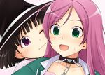  akashiya_moka black_hair bob_cut face fang green_eyes ha-ru hat multiple_girls one_eye_closed pink_hair rosario+vampire sendou_yukari short_hair sweat 